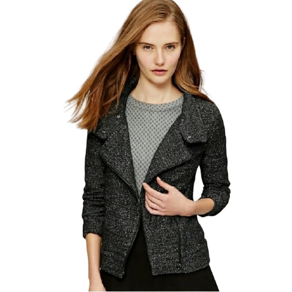 LOFT Marled Black Tweed Knit Moto Zip Jacket Sz S